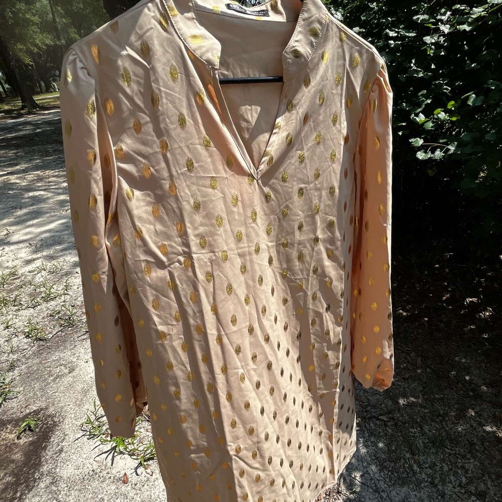 Elegant Polka Dot Notched V Neck Long Sleeve Tunic Dress Blouse modest layer - Picture 2 of 15